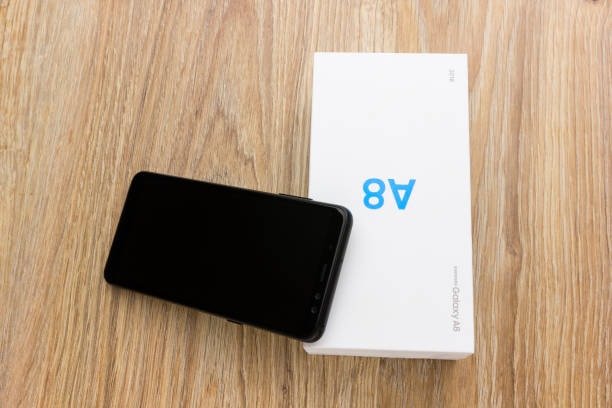 Samsung Galaxy A8 with screen off placed on box