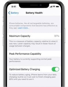 iPhone Battery Health settings screen, unrelated to yellow display issue but often reviewed during diagnostics
