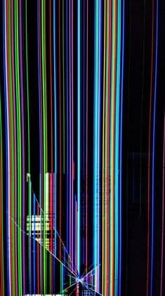Cracked iPhone screen showing multicolor vertical lines and screen dimming issue