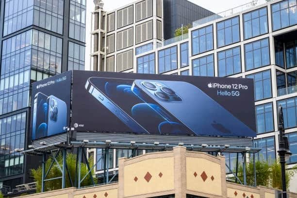 iPhone 12 Pro 5G marketing billboard – display spec does not include 120Hz refresh rate.
