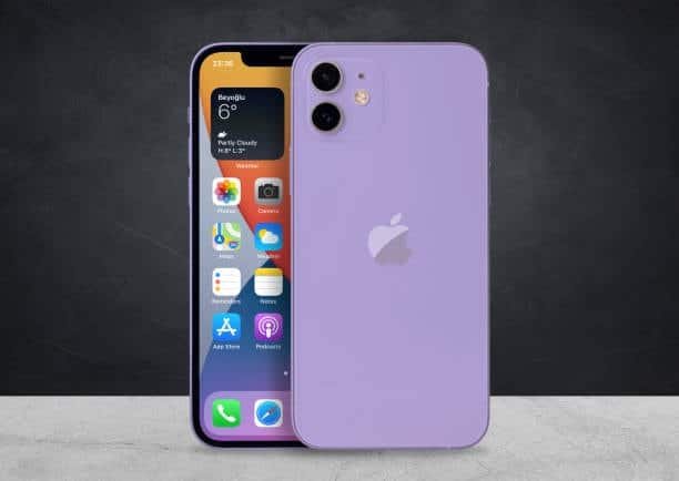 Purple iPhone 12 front and back view – standard 60Hz refresh rate iPhone display.