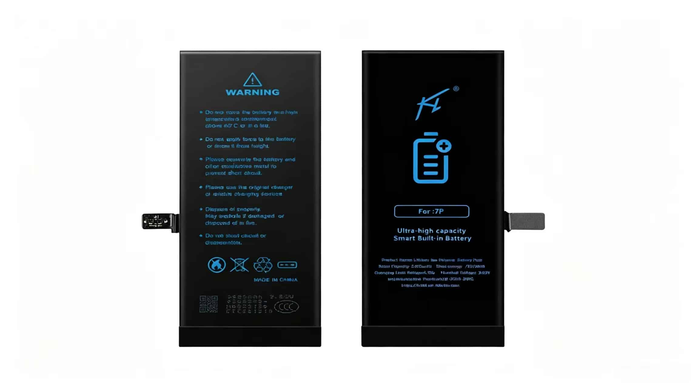 Black iPhone 7 Plus replacement battery with warning text (left) and “Ultra-high capacity Smart Built-in Battery” label (right), on white background.