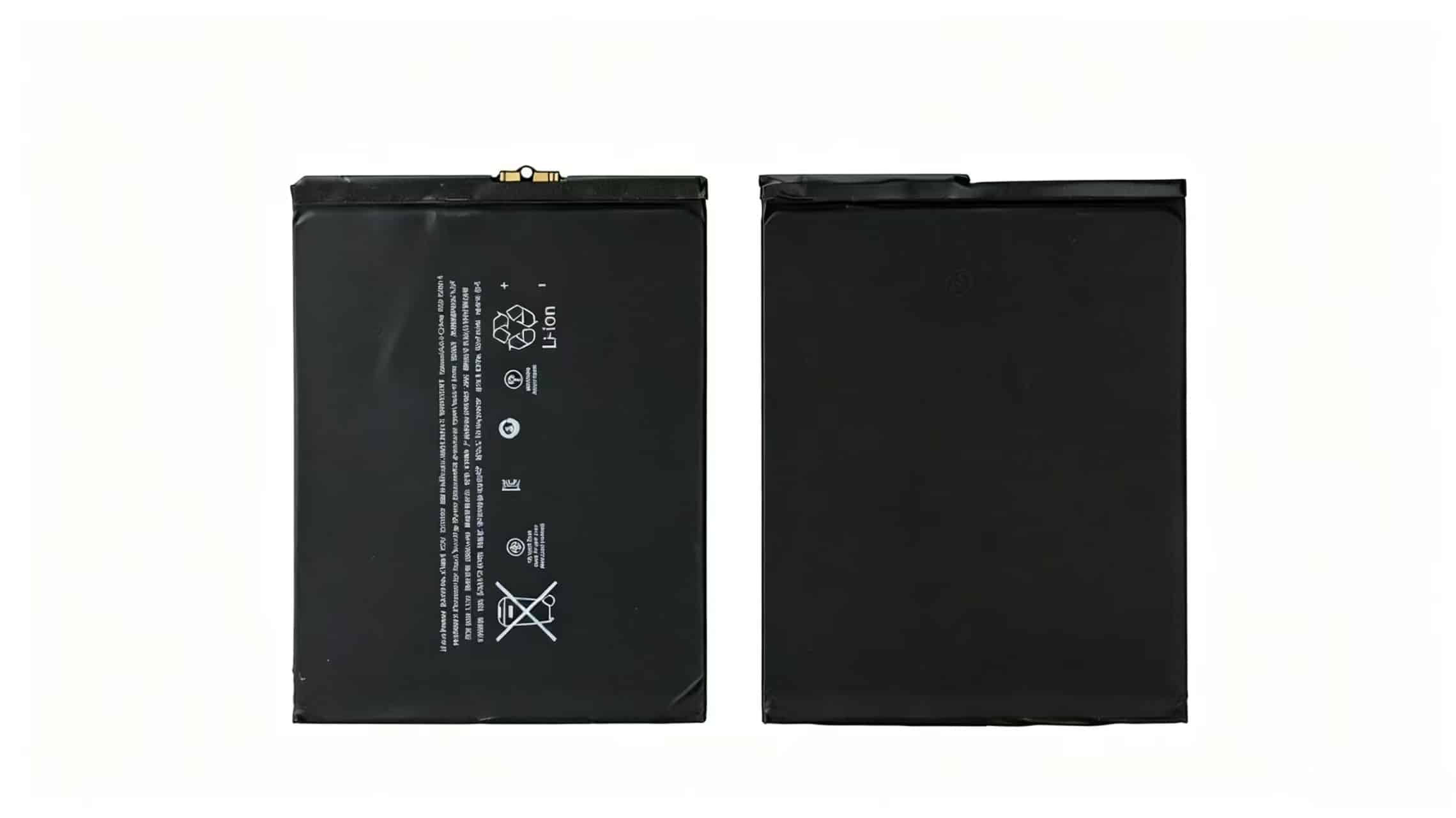 iPad battery back with Li-ion label, safety warnings, and recycling symbols; Right: plain front side of same black rectangular lithium-ion battery.