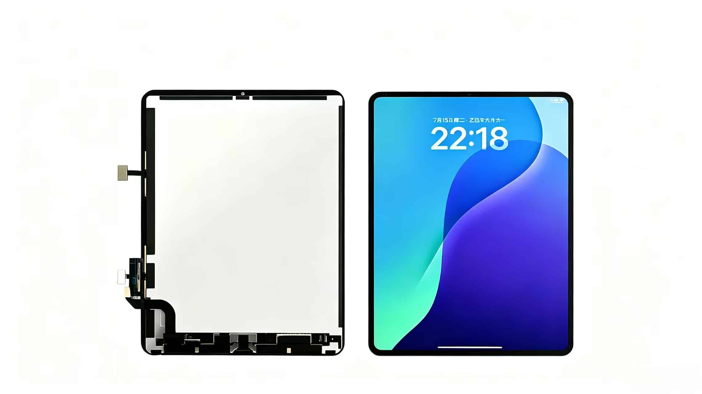Left: disassembled iPad screen module with flex cables and internal components; Right: assembled iPad displaying lock screen with time “22:18” and date “July 15, Tuesday”, on white background.
