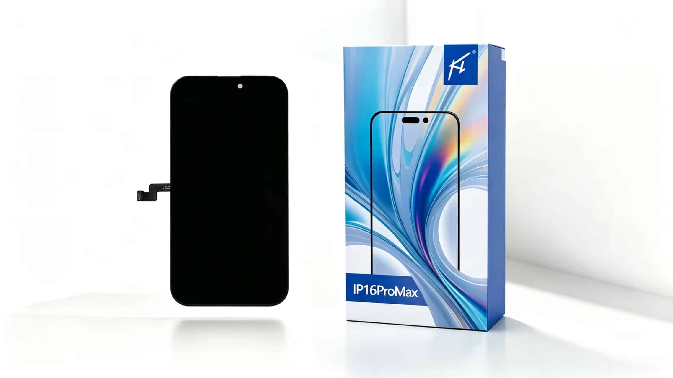 Black iPhone 16 Pro Max screen module with flex cable, next to blue-and-white product box labeled “IP16ProMax”, on white background.